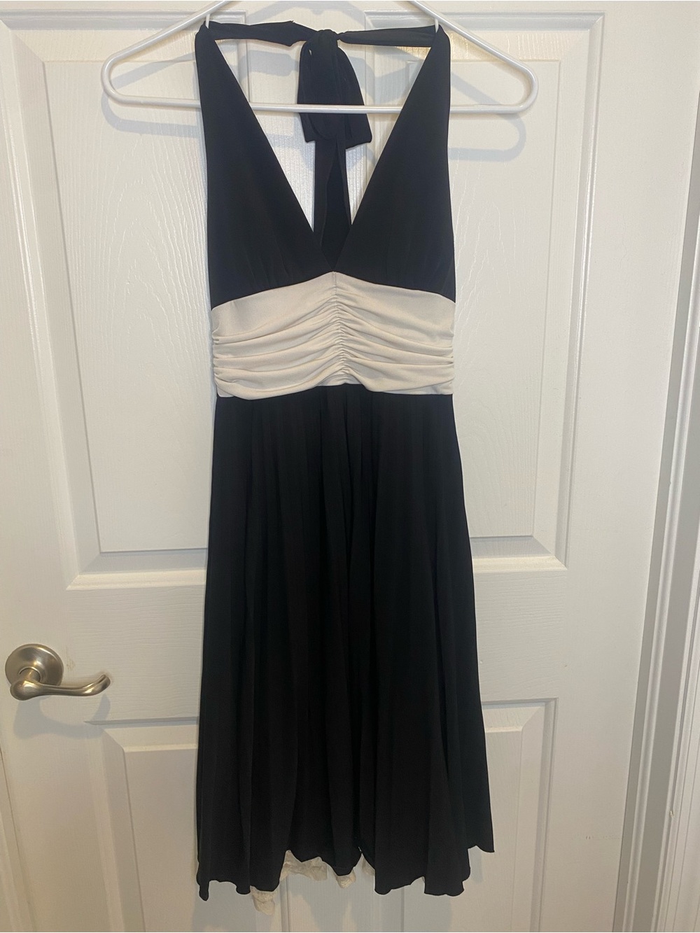 Black and White Halter Ruched Waist Dress